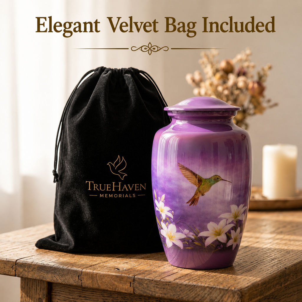Purple Hummingbird Cremation Urn for Human Ashes – Adult, Keepsake