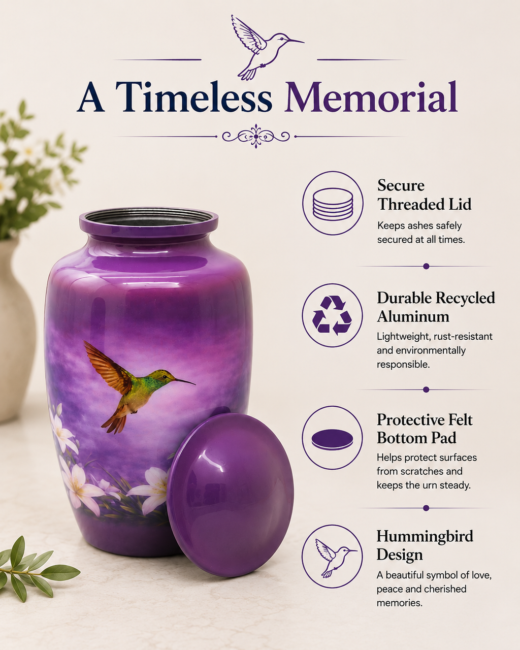 Purple Hummingbird Cremation Urn for Human Ashes – Adult, Keepsake