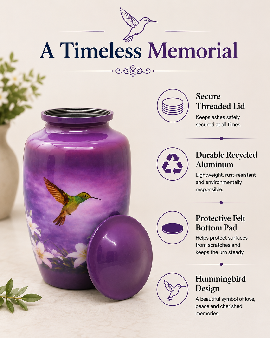 Purple Hummingbird Cremation Urn for Human Ashes – Adult, Keepsake