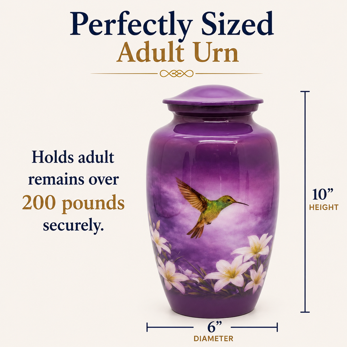 Purple Hummingbird Cremation Urn for Human Ashes – Adult, Keepsake