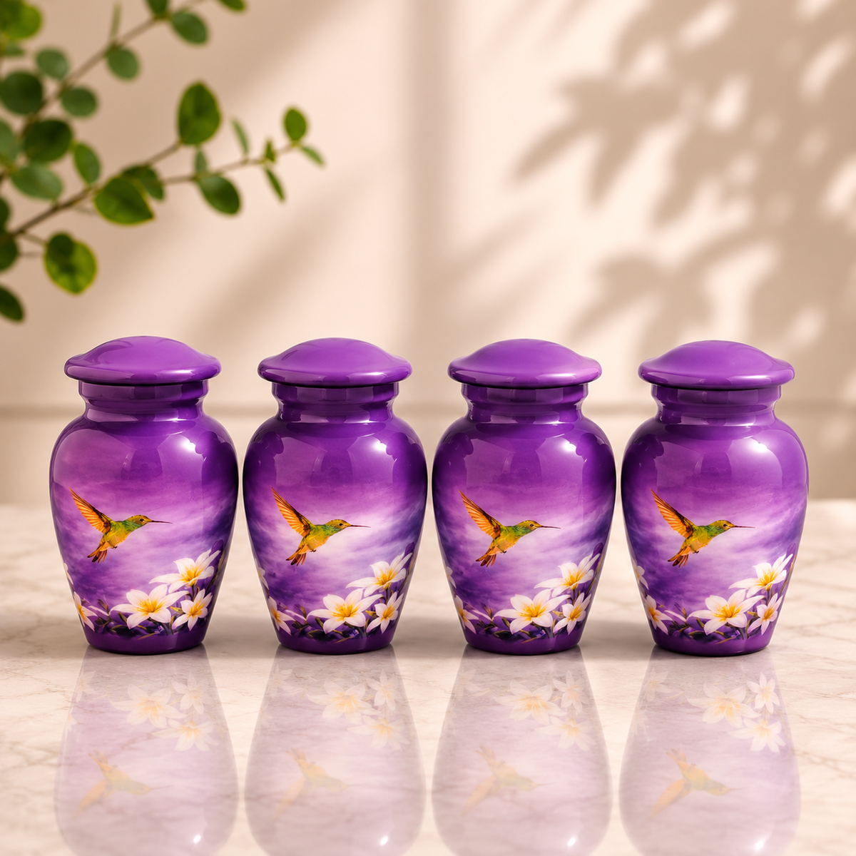 Purple Hummingbird Keepsake Set of 4 Urn for Ashes