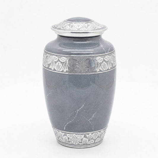 Elegant Gray Marble Cremation Urn with Silver Detailing – Adult Memorial Urn