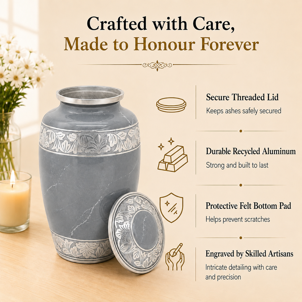 Metal Cremation Urn for Human Ashes – Gray Marble Finish