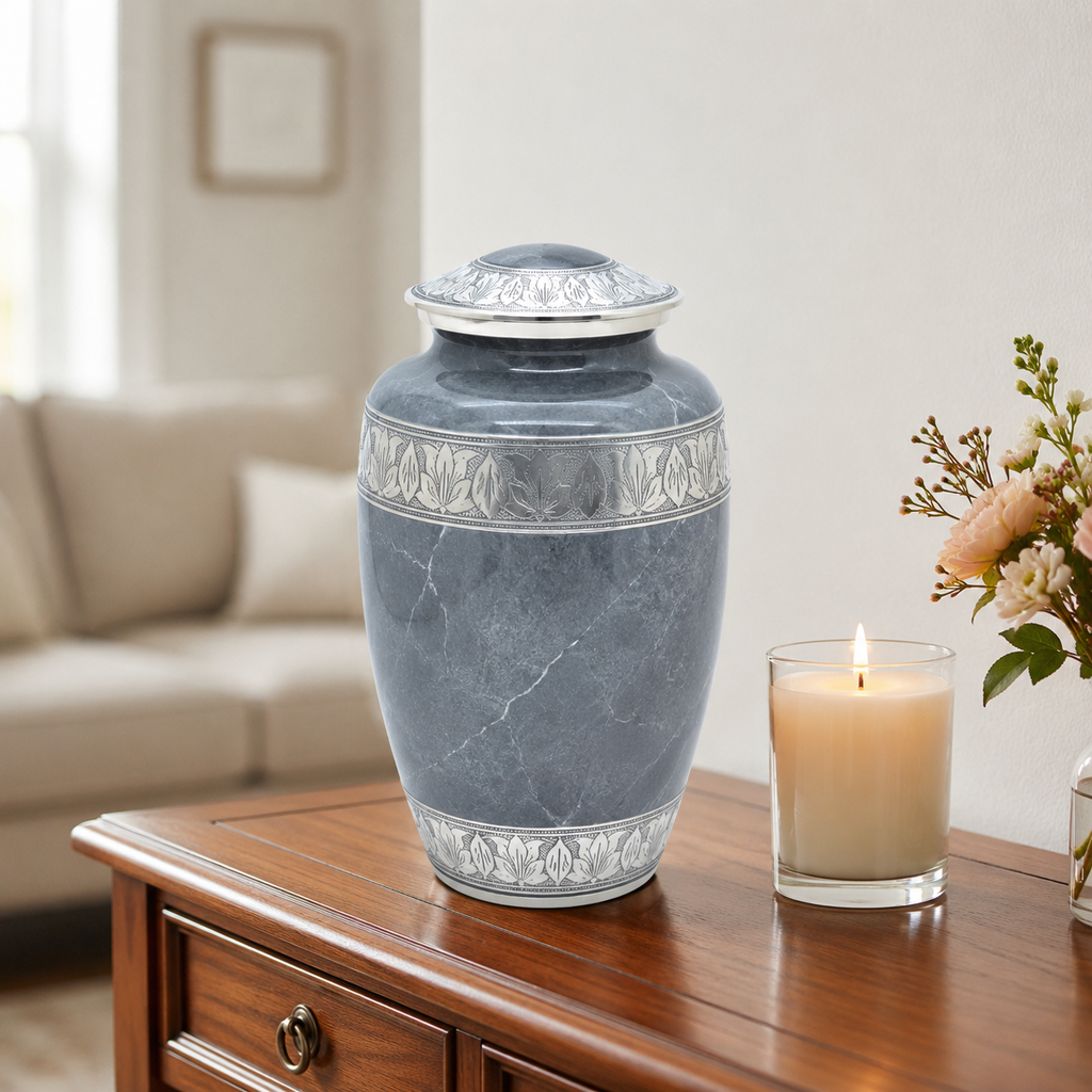 Metal Cremation Urn for Human Ashes – Gray Marble Finish