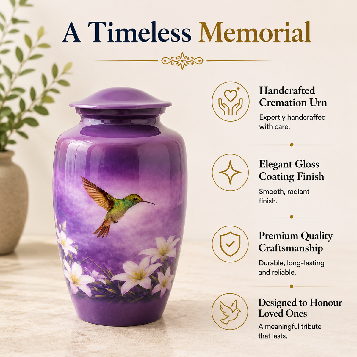 Purple Hummingbird Cremation Urn for Human Ashes – Adult, Keepsake