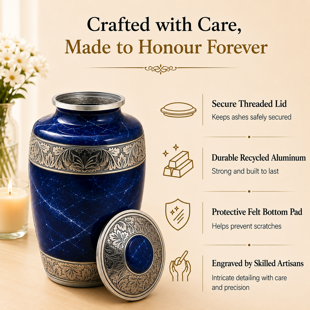 Cremation Urn for Human Ashes – Blue Marble-Finish Metal, Adult & Keepsake