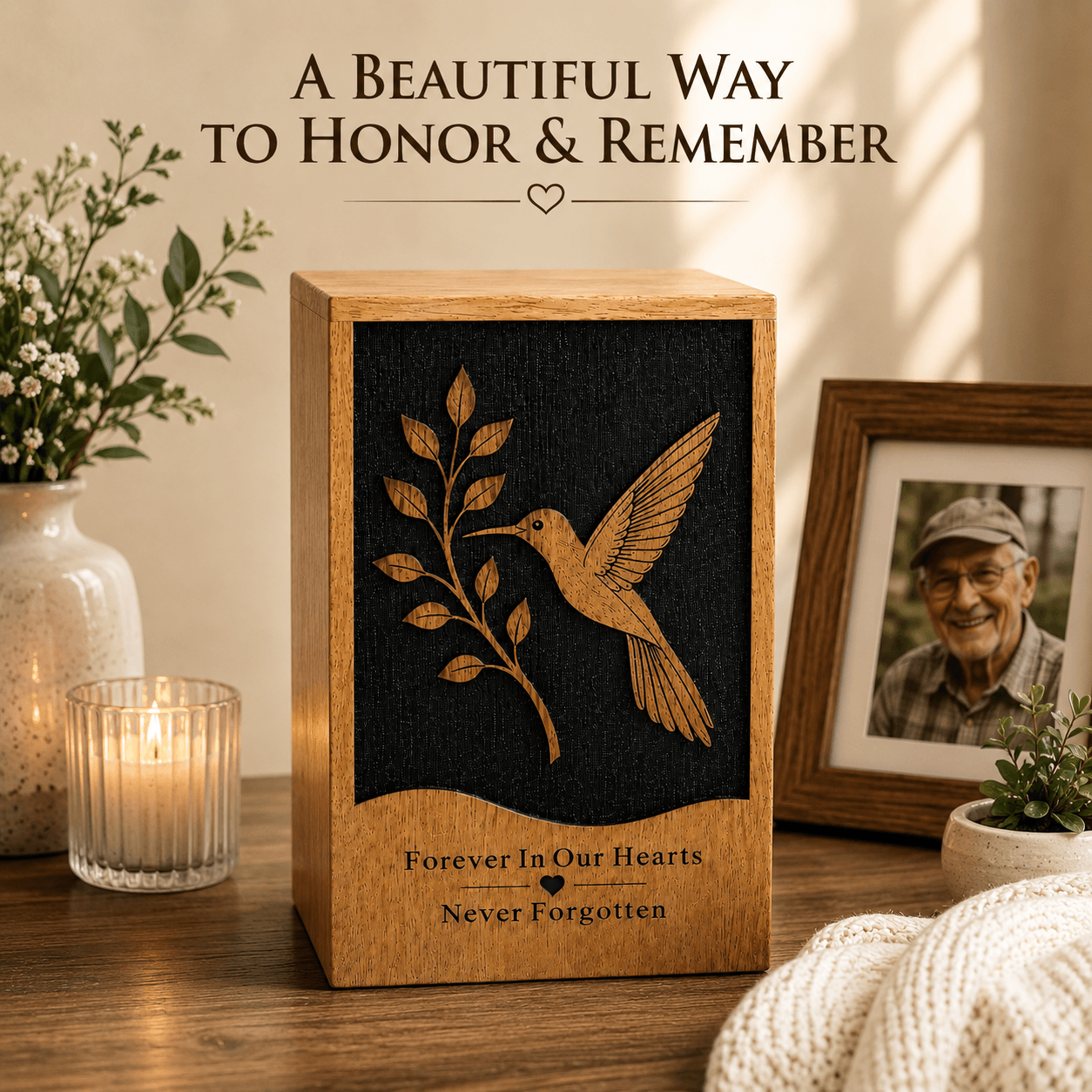 Personalized Hummingbird solid Wood Urn for Human Ashes – Adult & Keepsake