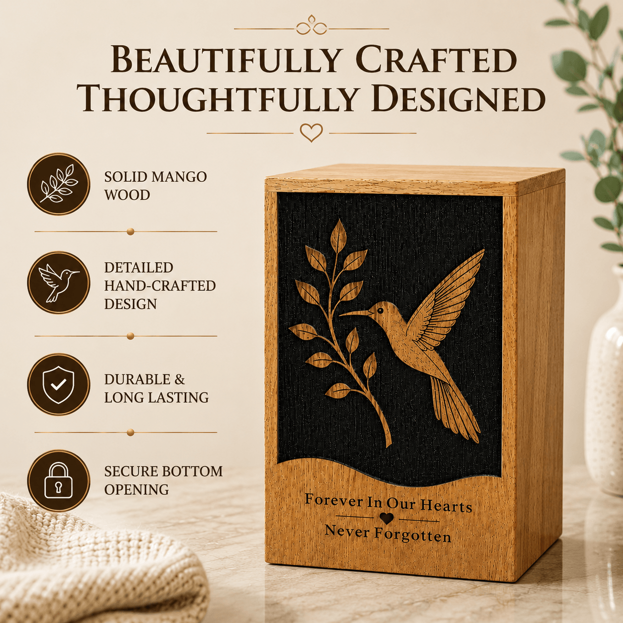 Personalized Hummingbird solid Wood Urn for Human Ashes – Adult & Keepsake