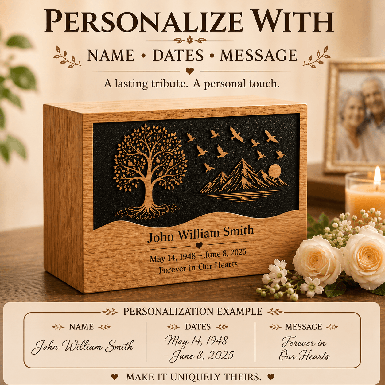 Personalized Tree of Life Wooden Urn for Human Ashes – Adult & Keepsake Sizes