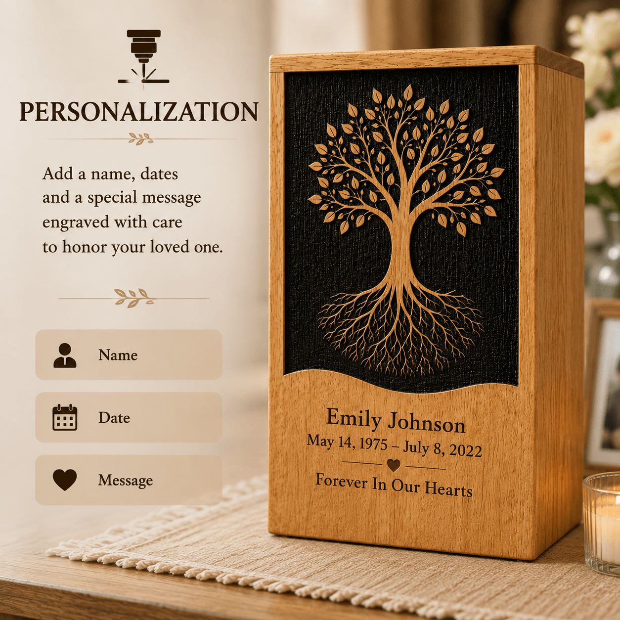 Personalized Tree of Life solid Wood Urn for Human Ashes – Adult & Keepsake