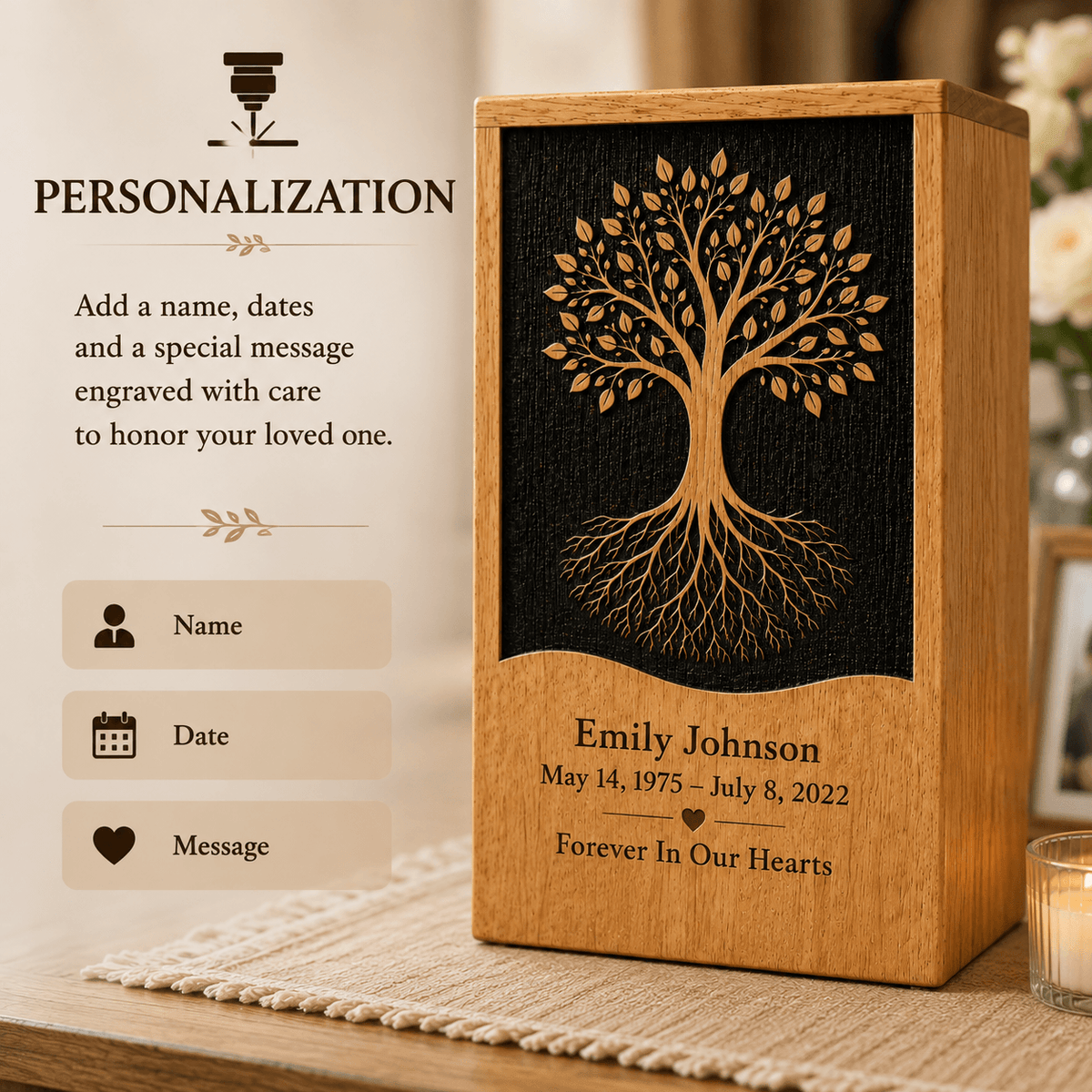 Personalized Tree of Life solid Wood Urn for Human Ashes – Adult & Keepsake