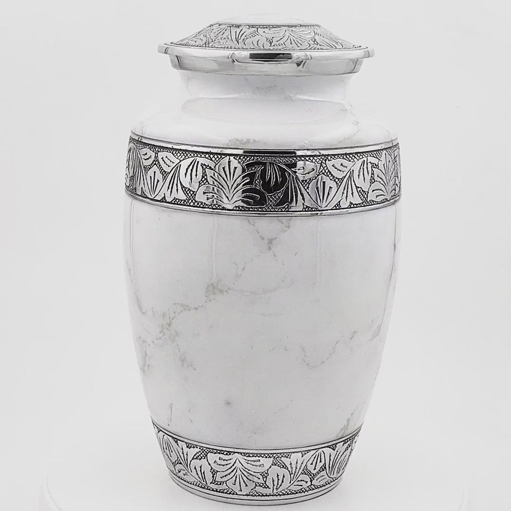 Cremation Urn for Human Ashes – White Marble-Finish Metal, Adult & Keepsake Set