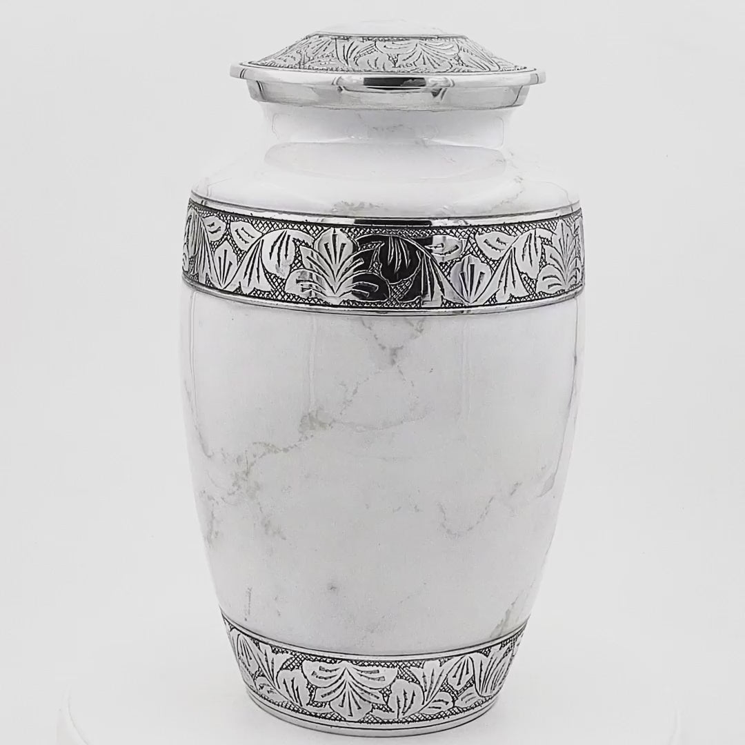 Cremation Urn for Human Ashes – White Marble-Finish Metal, Adult & Keepsake Set