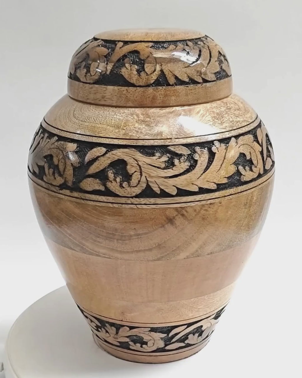 Hand-Carved Floral Wooden Cremation Urn for Human Ashes