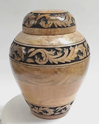 Hand-Carved Floral Wooden Cremation Urn for Human Ashes