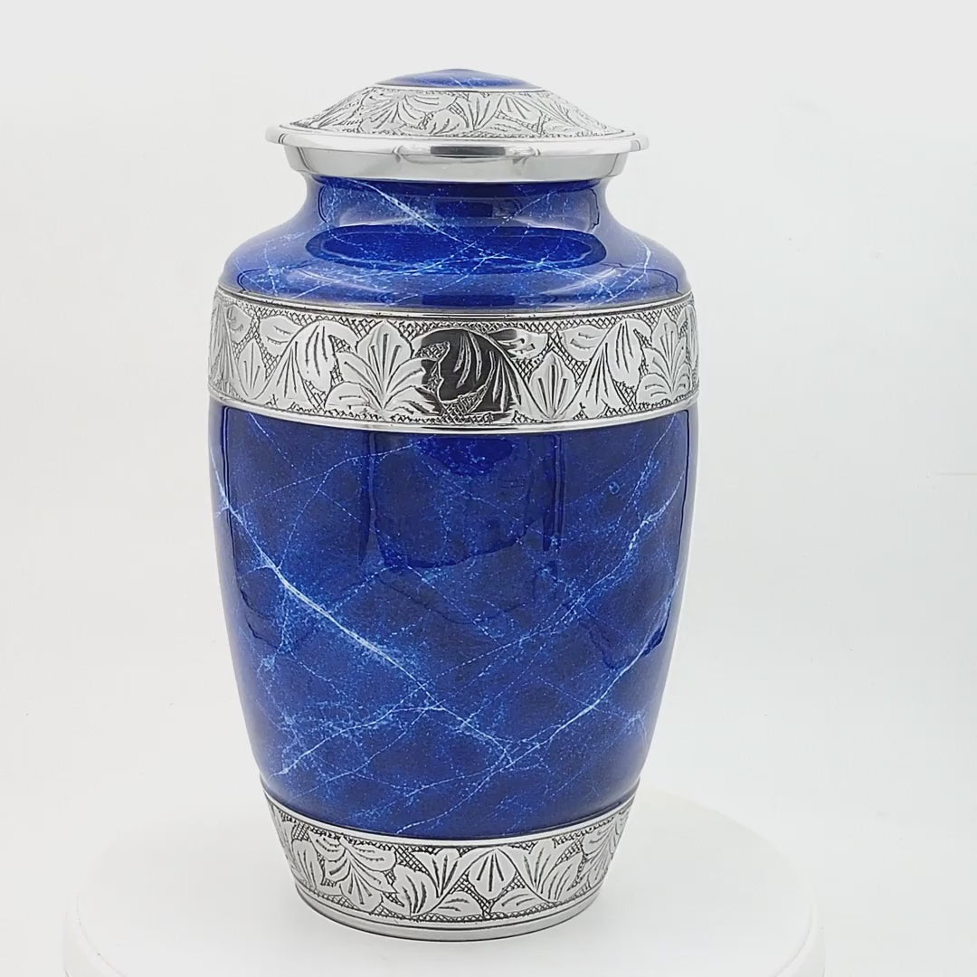 Cremation Urn for Human Ashes – Blue Marble-Finish Metal, Adult & Keepsake