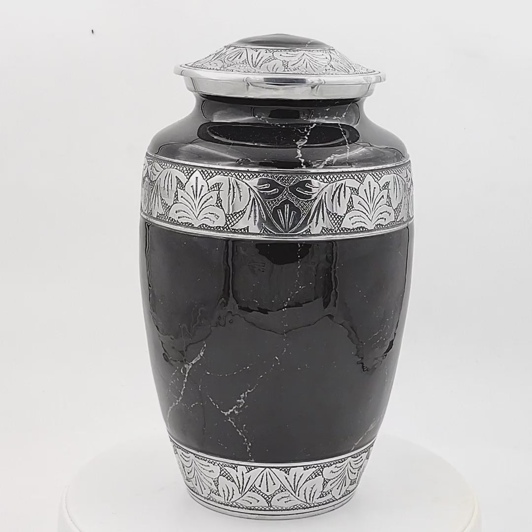 Cremation Urn for Human Ashes – Black Marble-Finish Metal, Adult & Keepsake