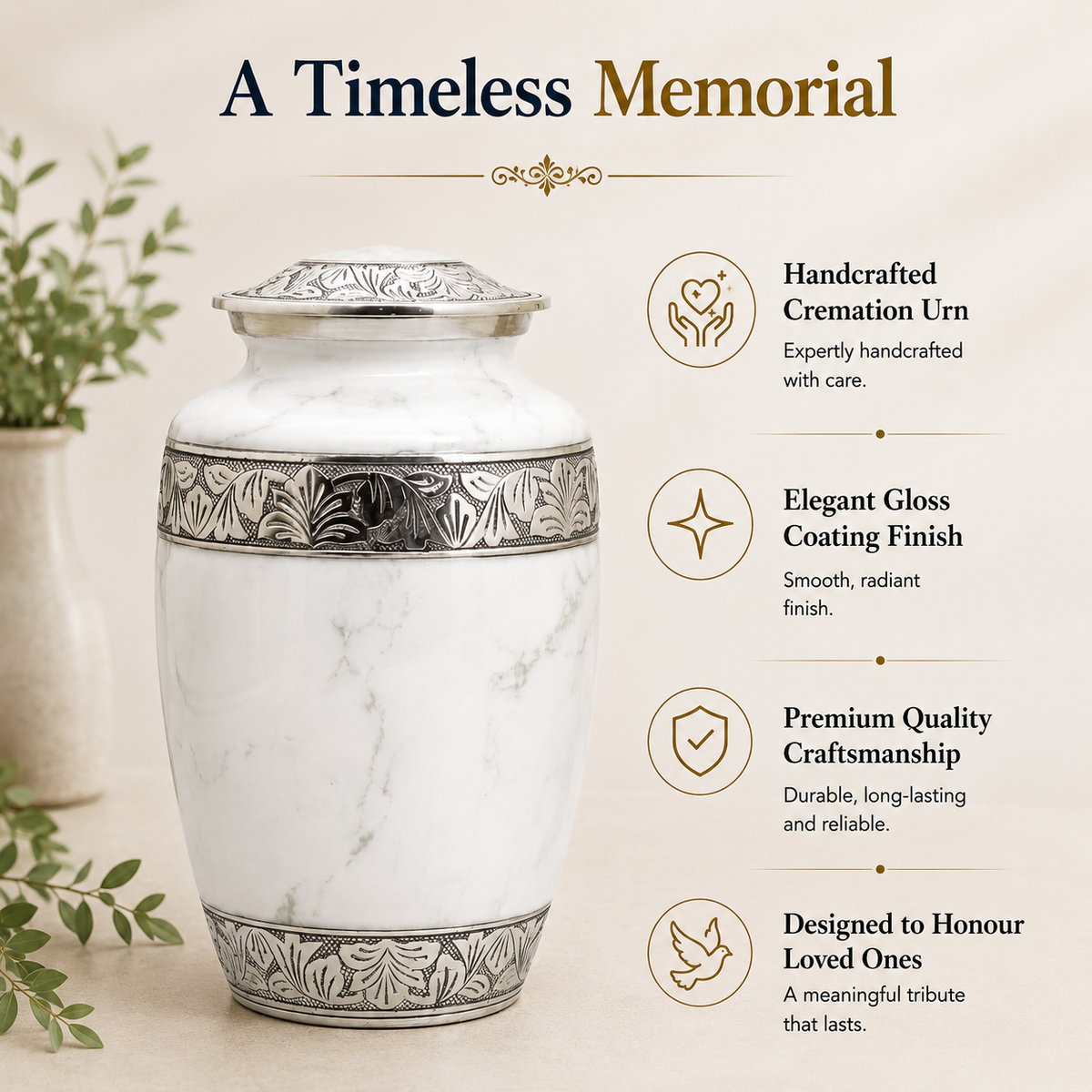 A white marble-look cremation urn with ornate silver engraved bands and a matching lid