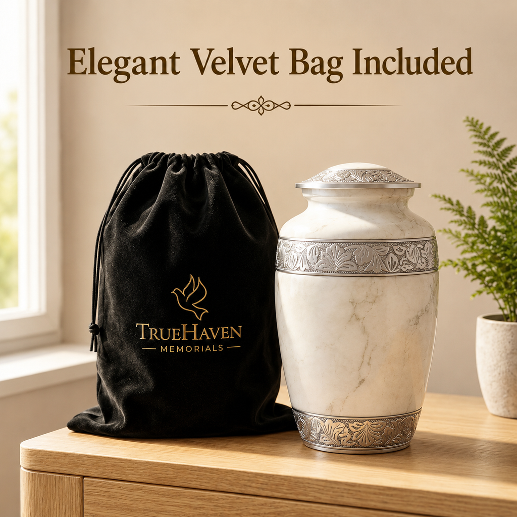 A black velvet drawstring bag with gold TrueHaven Memorials branding sits beside a white marble-style cremation urn with silver decorative bands, displayed on a wooden table in a softly lit interior with a plant in the background.