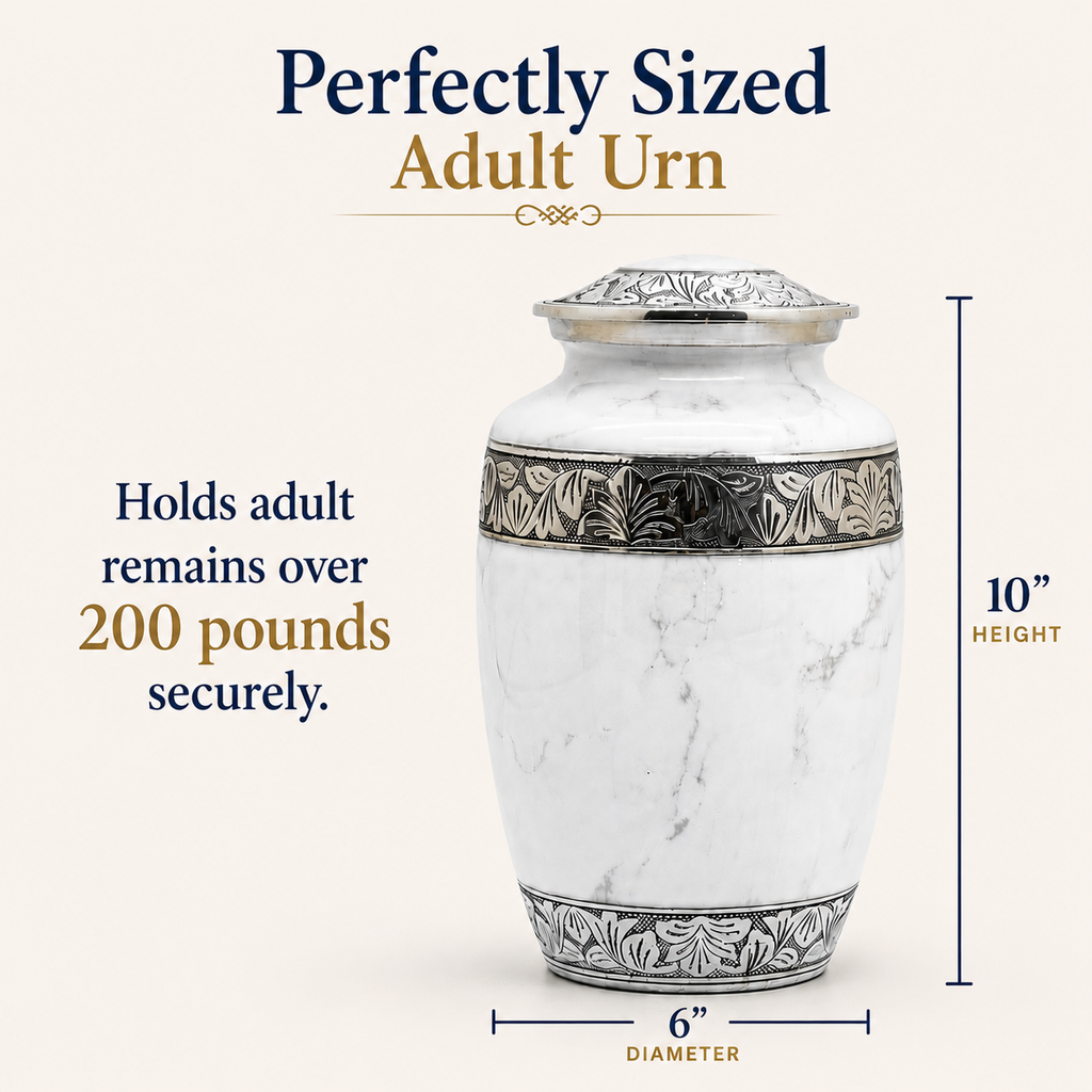 White marble adult cremation urn with silver floral bands and lid, shown with dimension labels reading 10 inches height and 6 inches diameter on a light beige background with promotional text.